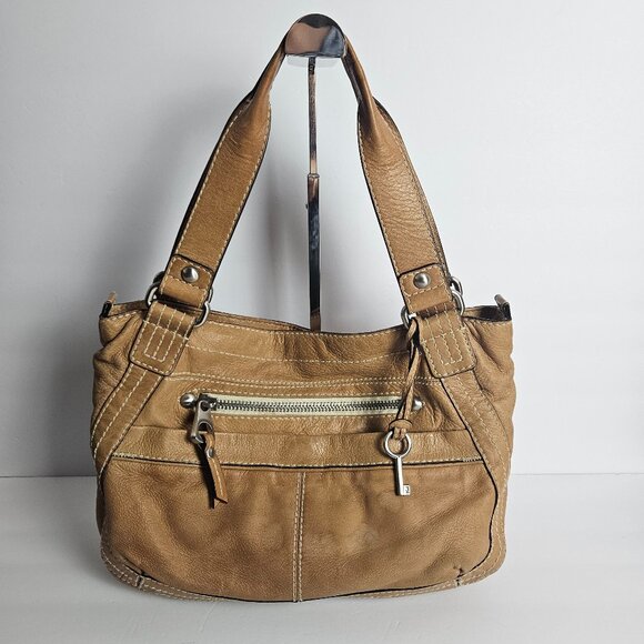 Vintage Fossil Tan Leather Shoulder Bag w/ Key – Classic Y2K Project Tote ZB2678 - Picture 1 of 16
